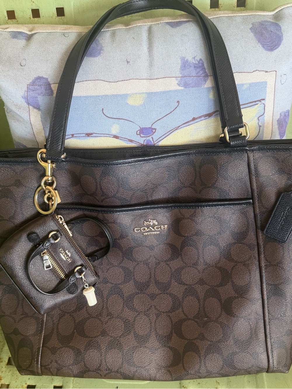 Coach purse tote w/Brown & Black Signature C print +/matching mini purse charm